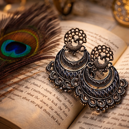 VISINORY Surya Silver Oxidised Folk Earrings