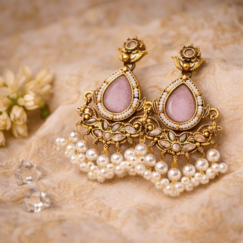 VISINORY Traditional Noor Pearl Drop Jhumka – Pink - Image 2
