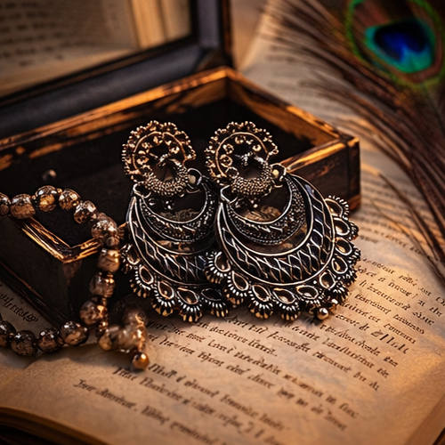 VISINORY Surya Silver Oxidised Folk Earrings - Image 4