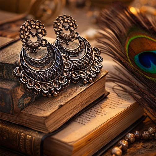 VISINORY Surya Silver Oxidised Folk Earrings - Image 5