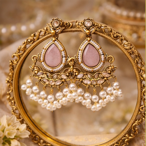 VISINORY Traditional Noor Pearl Drop Jhumka – Pink - Image 5