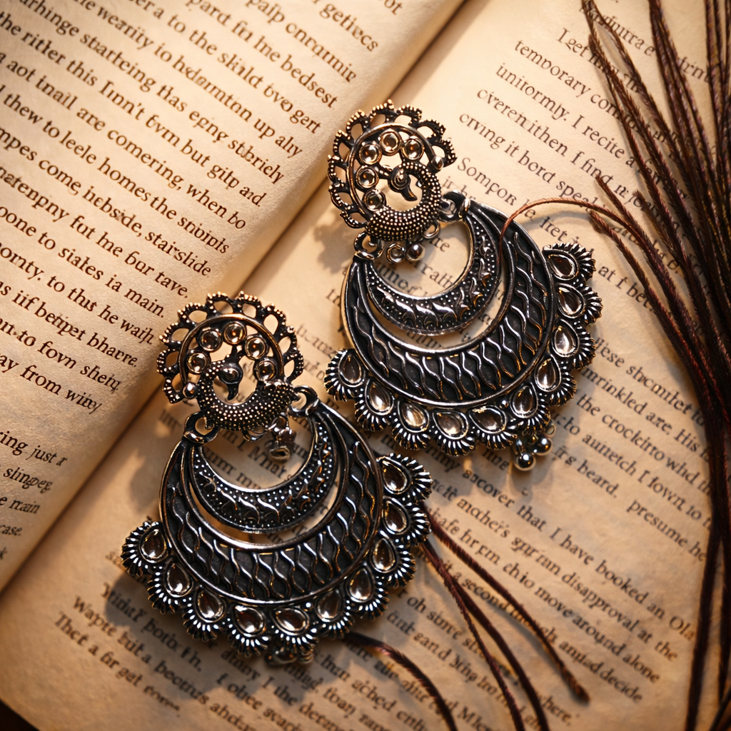 VISINORY Surya Silver Oxidised Folk Earrings - Image 6