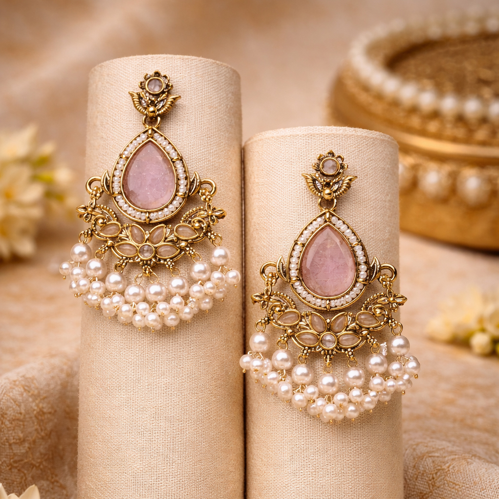 VISINORY Traditional Noor Pearl Drop Jhumka – Pink